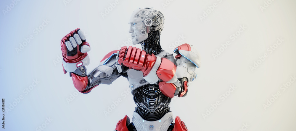 Poster white-red robot boxer in rack stand, torso 3d rendering
