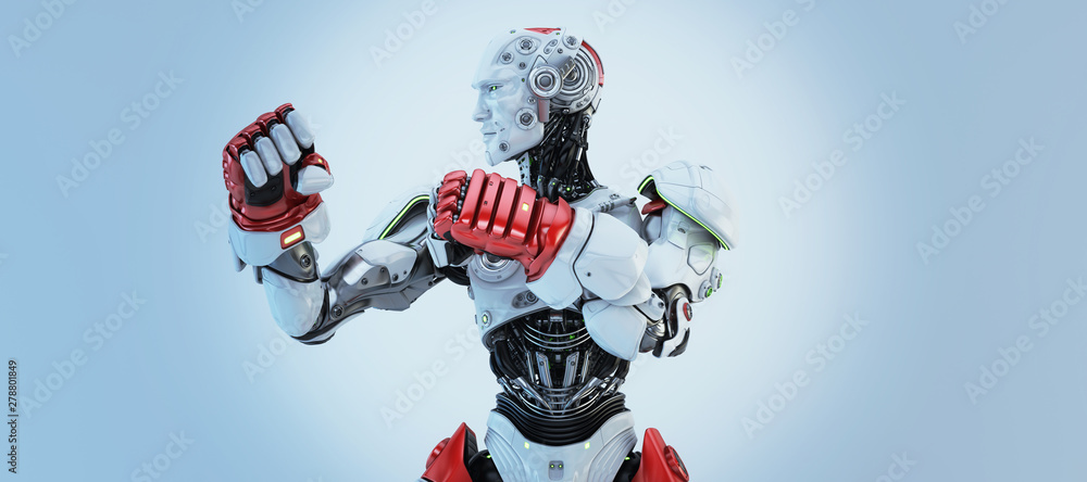 Poster white-red robot boxer in rack stand, torso 3d rendering