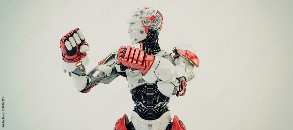 Poster white-red robot boxer in rack stand, torso 3d rendering
