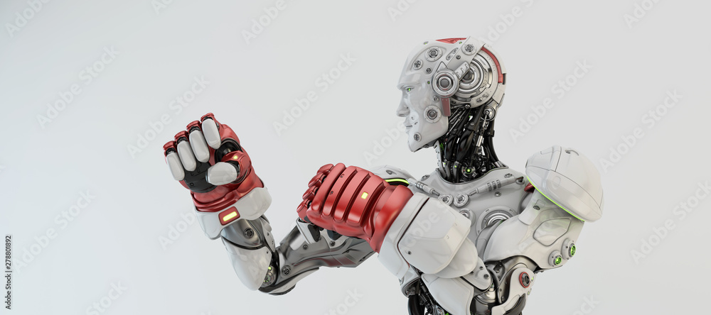Poster white-red robot boxer in rack stand, torso 3d rendering