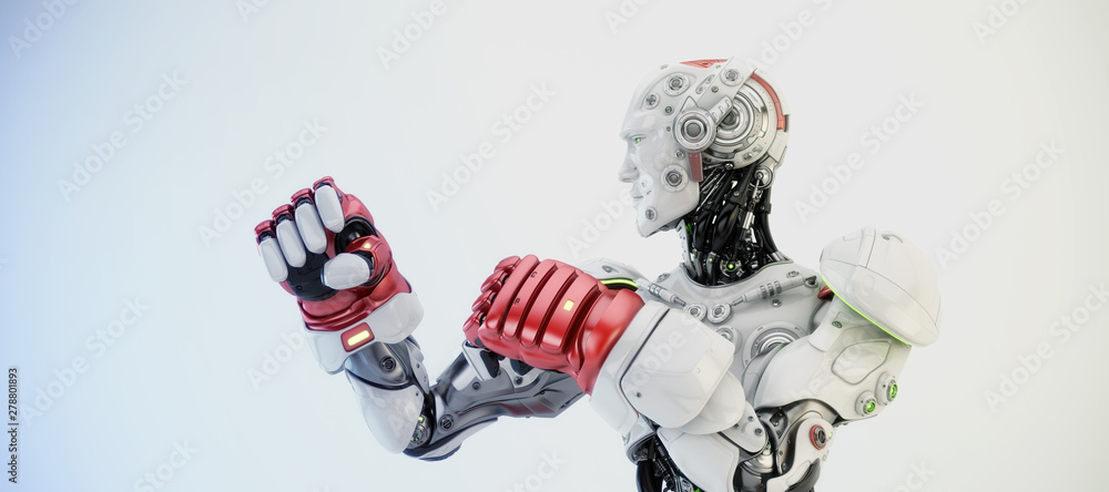 Poster white-red robot boxer in rack stand, torso 3d rendering