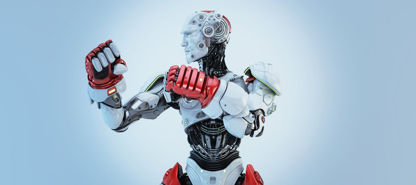 White-red Robot boxer in rack stand, torso 3d rendering