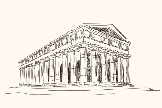 Old Ruined Ancient Greek Temple With Columns. Quick Pencil Sketch.