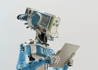 Cyborg working with digital tablet, 3d illustration