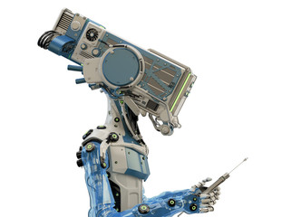 Naklejka premium Cyborg working with digital tablet, 3d illustration