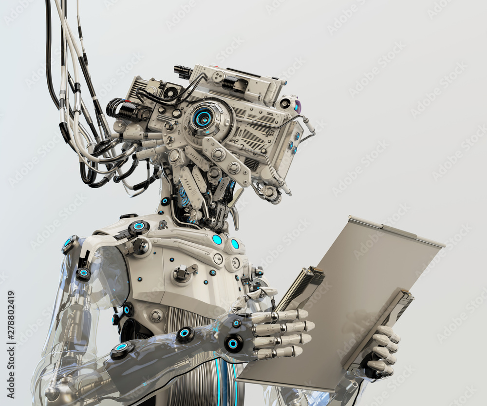 Poster robotic ai character connected with bunches of cables and working with sci-fi tablet, 3d illustratio