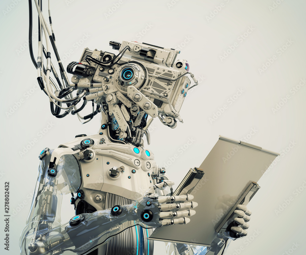Poster robotic ai character connected with bunches of cables and working with sci-fi tablet, 3d illustratio