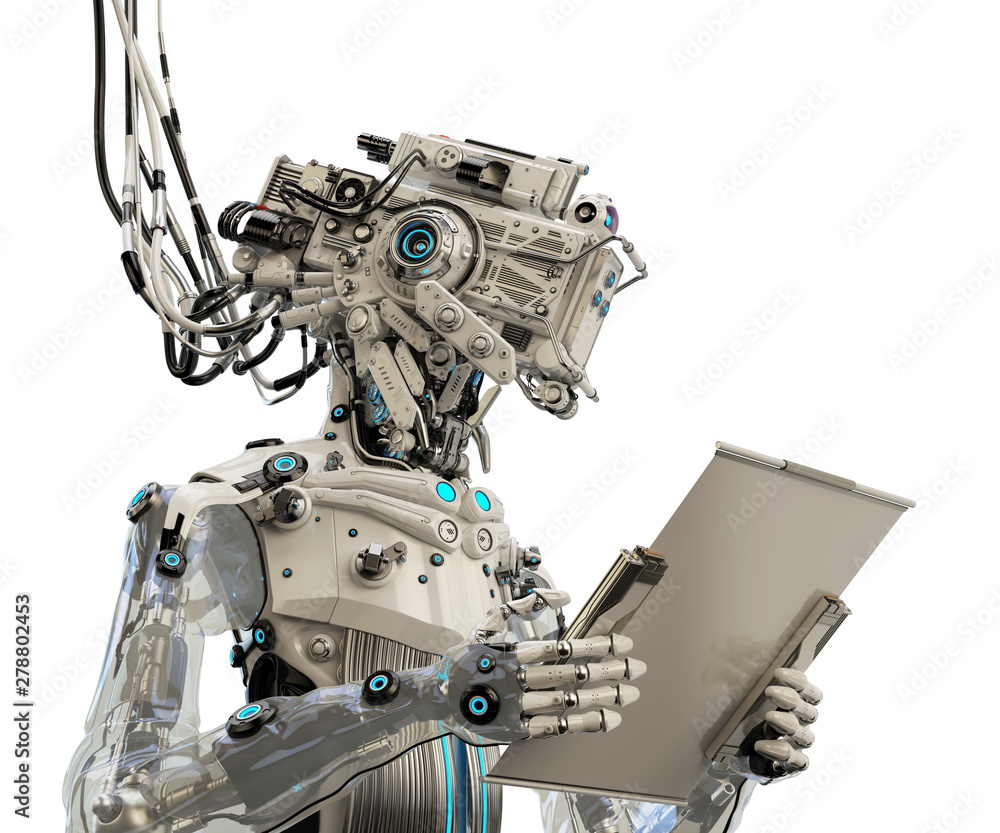 Aufkleber robotic ai character connected with bunches of cables and working with sci-fi tablet, 3d illustratio