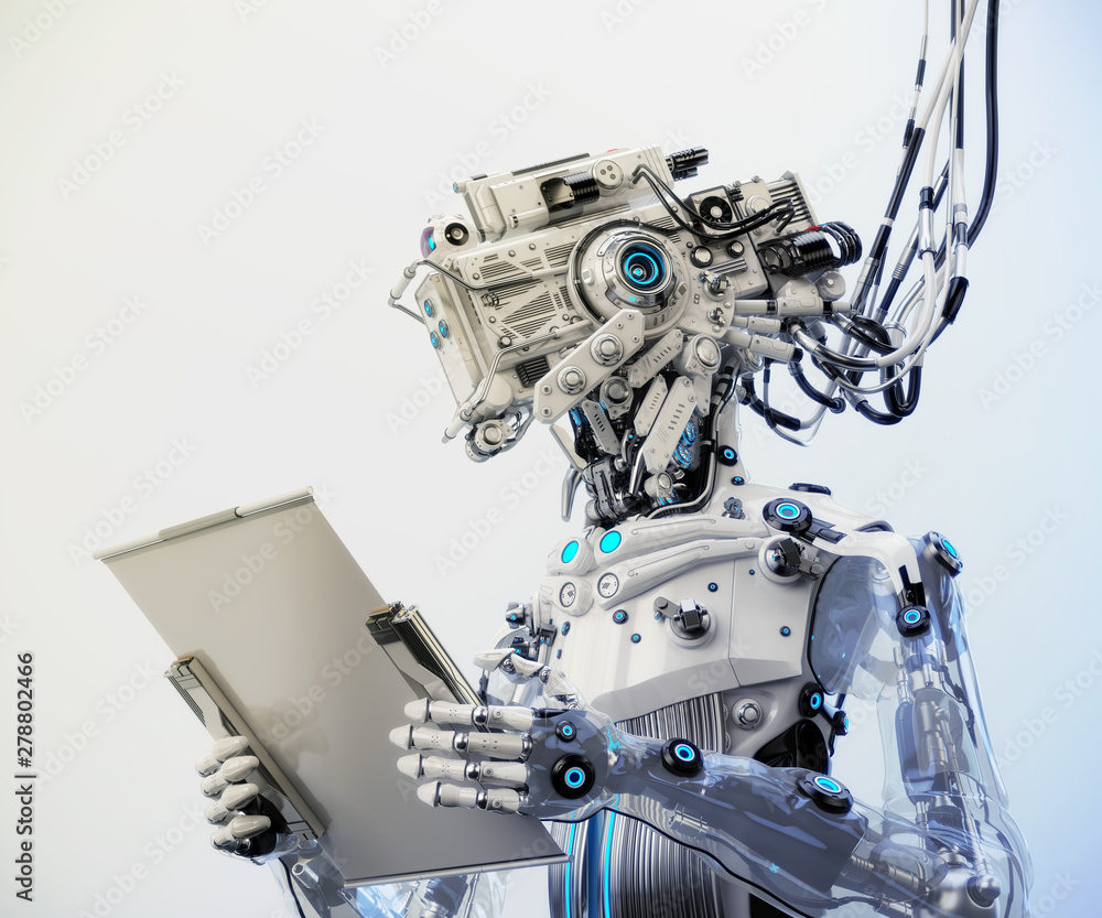 Poster robotic ai character connected with bunches of cables and working with sci-fi tablet, 3d illustratio