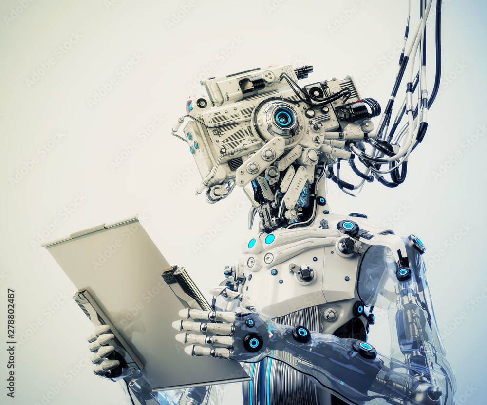Poster robotic ai character connected with bunches of cables and working with sci-fi tablet, 3d illustratio