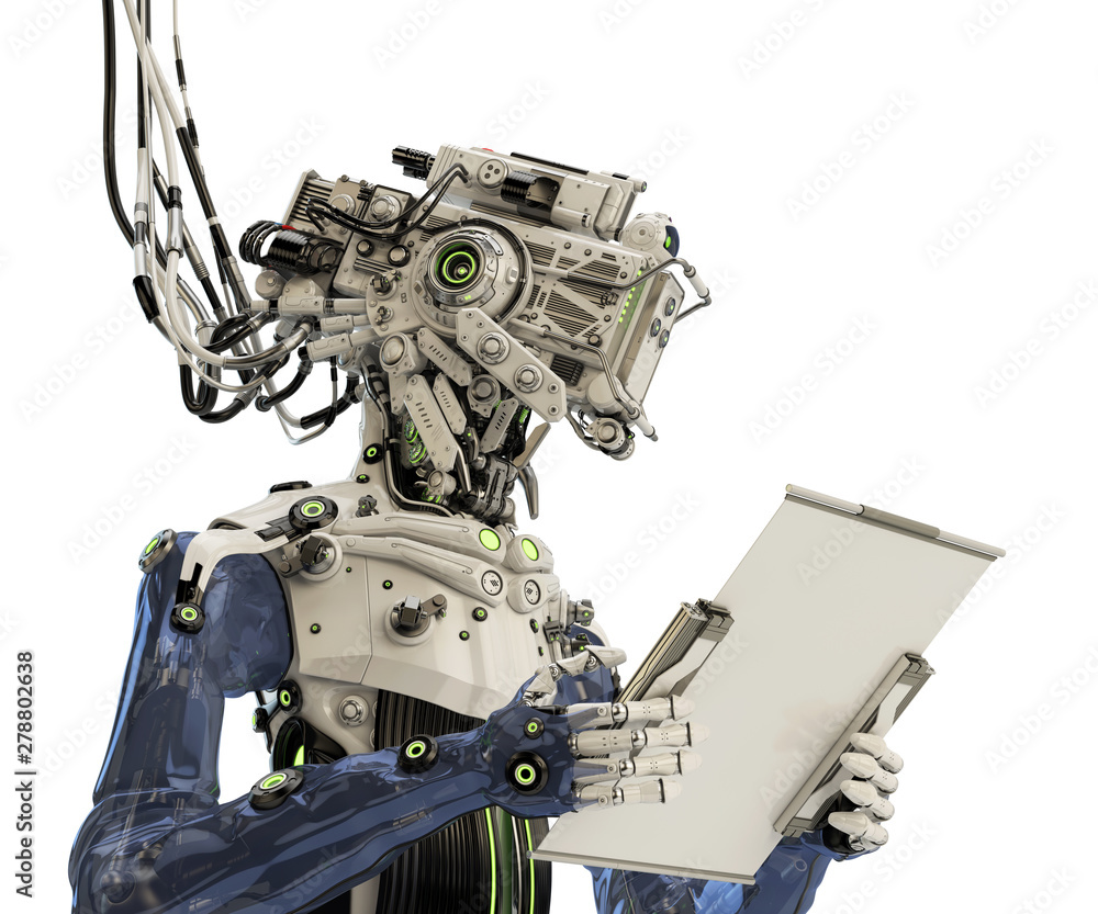 Poster robotic ai character connected with bunches of cables and working with sci-fi tablet, 3d illustratio