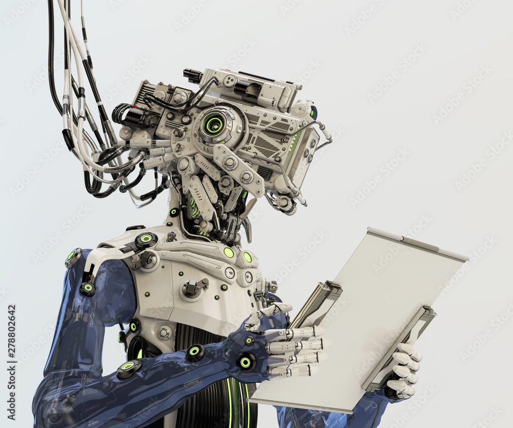 Poster robotic ai character connected with bunches of cables and working with sci-fi tablet, 3d illustratio