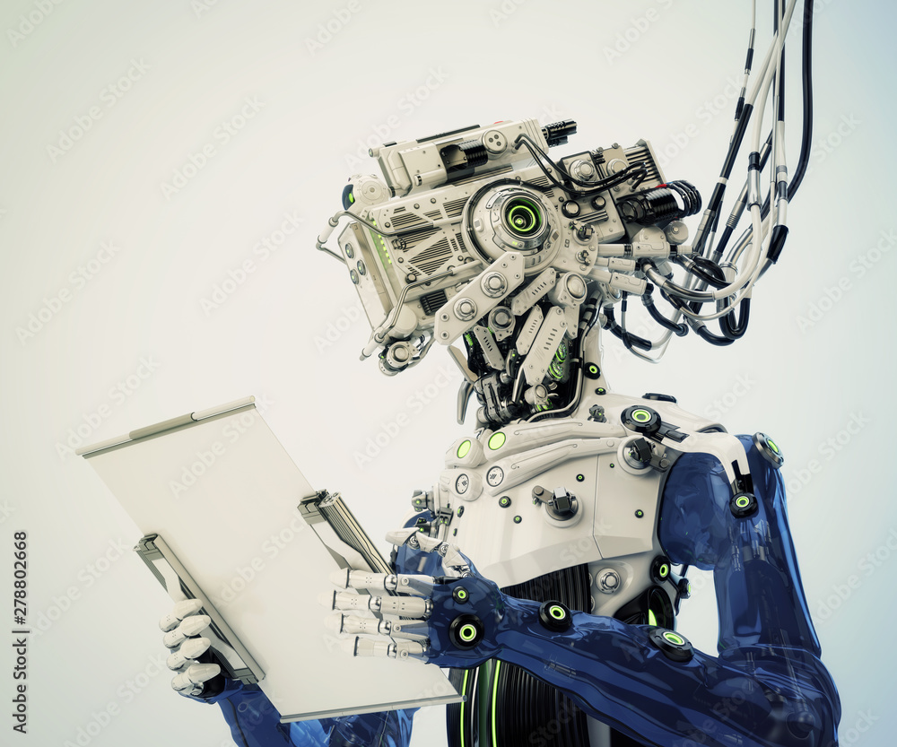 Poster robotic ai character connected with bunches of cables and working with sci-fi tablet, 3d illustratio