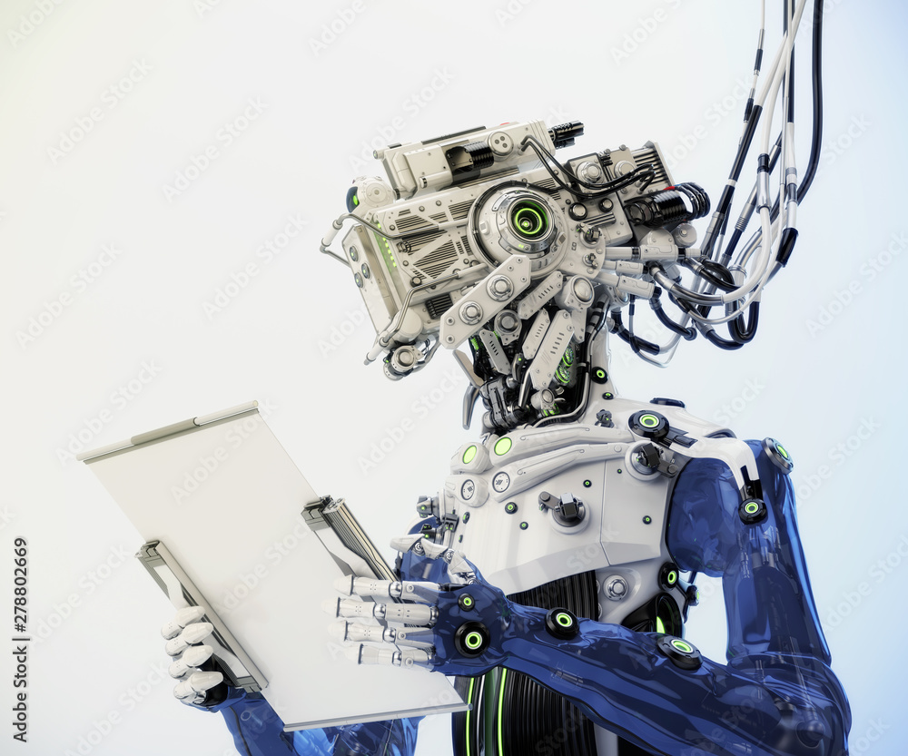 Poster robotic ai character connected with bunches of cables and working with sci-fi tablet, 3d illustratio