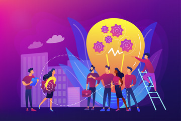 Company newcomers, personnel, staff. New team members, adaptation of new employees, first days in company, new employees training concept. Bright vibrant violet vector isolated illustration