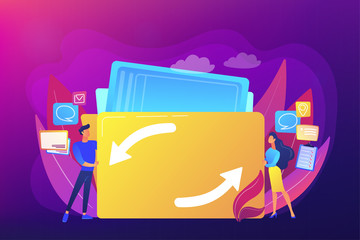 Delegating duties and responsibilities to colleagues. Job sharing, alternative work schedule, collaborative employment, division of a job concept. Bright vibrant violet vector isolated illustration