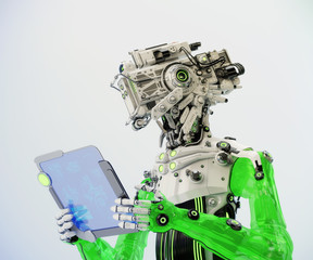 Cyborg working with digital tablet, 3d illustration on light background