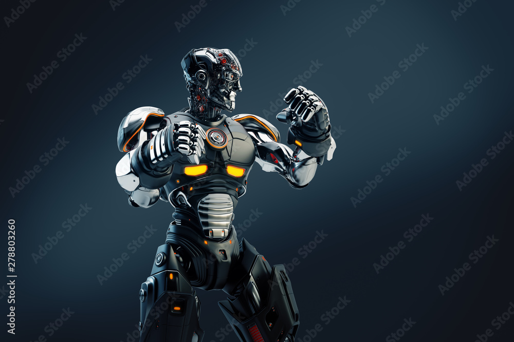 Poster strong robot boxer standing in the rack, 3d rendering on dark background