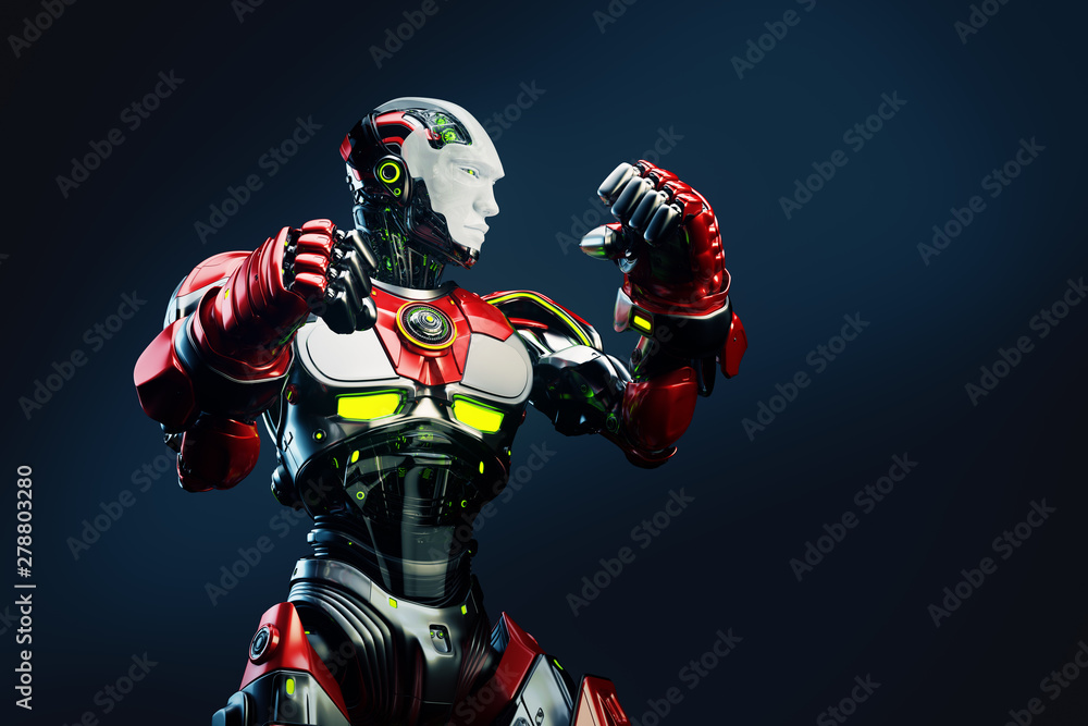 Poster strong robot boxer standing in the rack, 3d rendering on dark background
