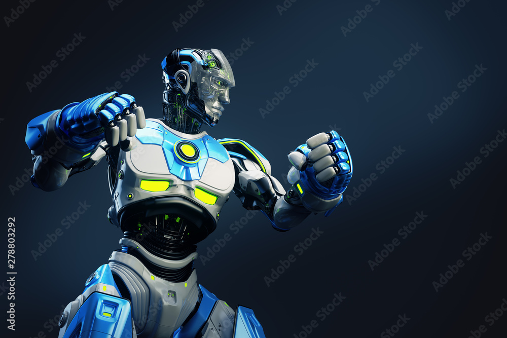Poster strong robot boxer standing in the rack, 3d rendering on dark background
