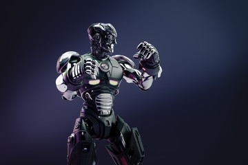 Fototapeta na wymiar Strong robot boxer standing in the rack, 3d rendering on dark background 