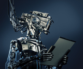 Steel robotic creature connected with bunches of cables and working with sci-fi tablet, 3d illustration