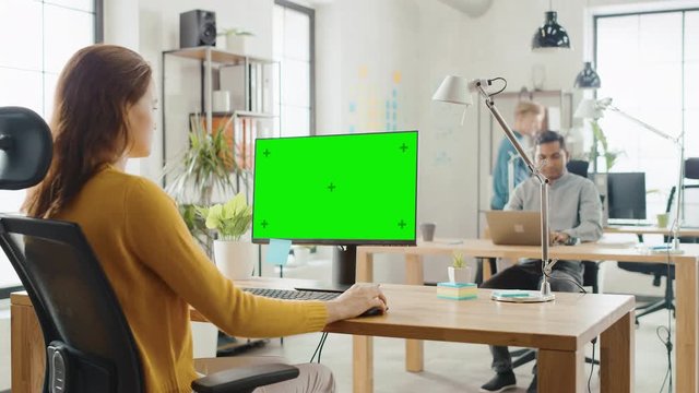 Over the Shoulder: Creative Young Woman Sitting at Her Desk Using Desktop Computer with Mock-up Green Screen. In Background Bright Office where Diverse Team of Young Professionals Work on Computers