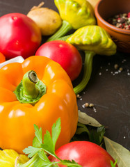 Fresh summer vegetables on the kitchen table. For an article on nutrition or for a recipe.