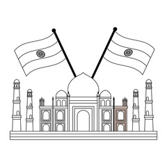 taj mahal indian mosque with flags crossed