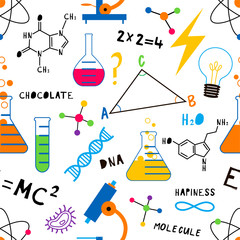 Science lesson flat vector seamless pattern. Chemistry, Biology, Physics school subject background. Flasks with chemicals, formula backdrop. Wallpaper, wrapping paper, textile cartoon minimal design