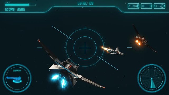 Space Shooter 3D Video Game imitation With Interface. The Spacecraft In Space Destroys The Enemy Crew With A Laser Gun. Planet Jupiter Asteroids And Stars On The Background.