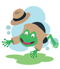 Happy Detective Frog Mascot in brown suit and dark blue pants. Cartoon style vector illustration. Can be used in any topics for kids