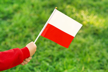 Hands of kid girl holding Poland flag. Independence Day concept. Green grass background.