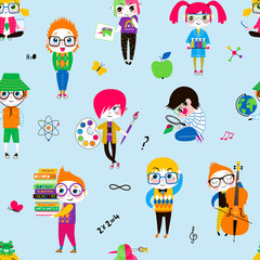 Smart school children flat vector seamless pattern. Clever boys and girls in glasses characters on white background. Schoolgirls and schoolboys backdrop. Wrapping paper, textile cartoon design