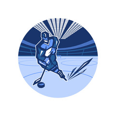 hockey player on the move, with a puck and a stick in the hockey arena. Color image in blue tones in a circle. vector eps 10