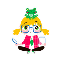 Young biologist flat vector illustration. Talented creative kid in glasses with frog, exploring nature isolated cartoon character on white background. Schoolgirl hobby, school lesson drawing