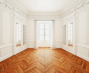 Classic wall interior and modern frame with parquet, empty room, 3d rendering