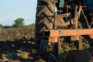 the tractor plows the field after the summer harvest in the fall to prepare for the next year