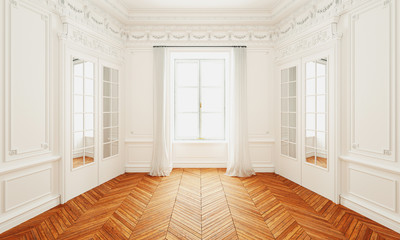 Classic wall interior and modern frame with parquet, empty room, 3d rendering