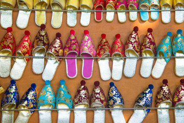 Colorful Turkish Slippers. Traditional Turkish Babouche Slippers for sale at Grand Bazaar in Istanbul, Turkey.