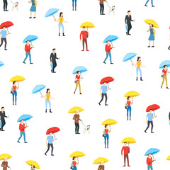 Cartoon Characters People Holding Umbrella Seamless Pattern Background. Vector