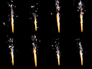 Set of cake fireworks candles with sparks and fire flame