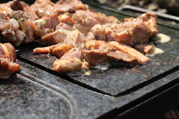 Pieces of chicken and turkey meat frying on mild flame for ideal roasted. Rooted and oiled meat on special desk. Meat releases excess water and harmful substances