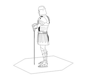 warrior character, contour visualization, 3D illustration, sketch, outline
