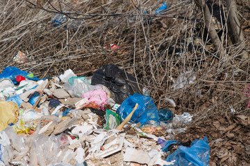 Trash on the agriculture field. Ecology problem and big harm to nature.