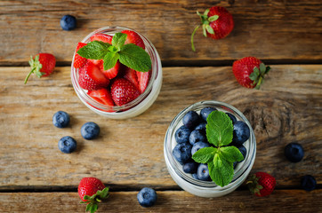 Greek yogurt strawberry and blueberry parfaits with fresh berries