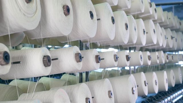 Spools with white threads are slowly rotating. Modern textile factory.