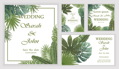 Set Wedding invitation with leaves, watercolor, isolated on white.  Vector Watercolour.