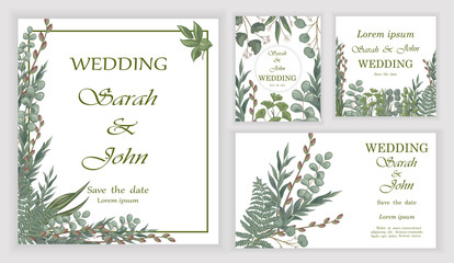 Set Wedding invitation leaves, watercolor, isolated on white.  Vector Watercolour.