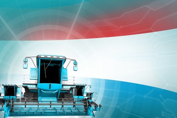 Digital industrial 3D illustration of blue modern wheat combine harvesters on Luxembourg flag, farming equipment modernisation concept